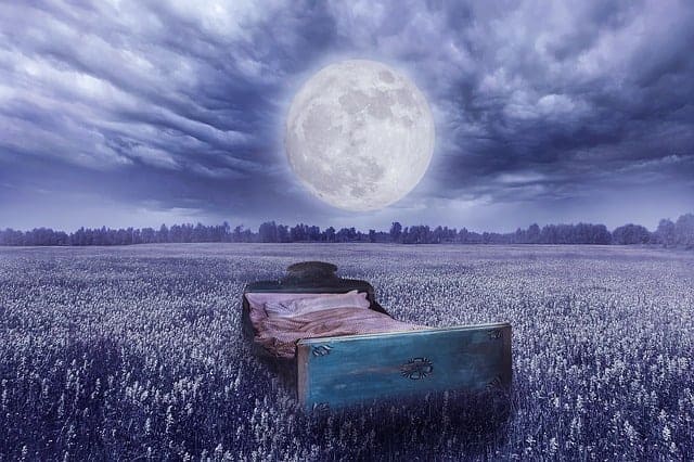 la realidad del sueño - una cama en un prado, la luna llena